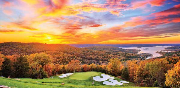 A colorful sunset on a golf course from Autumn Adventures in Branson MO