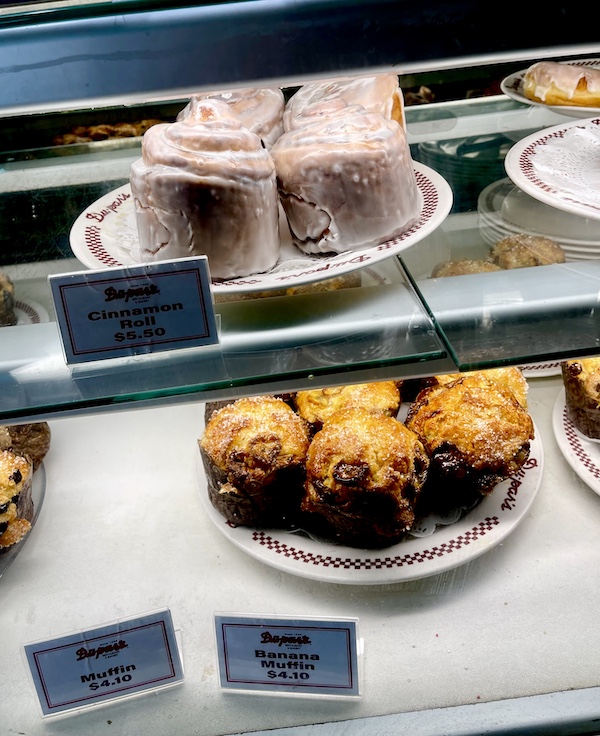 Muffins and cinnamon rolls on display at the Original Farmers Market L.A.