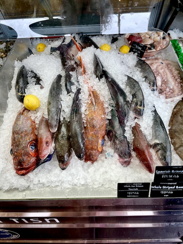 Display case of fresh fish for sale at the Original Farmers Market L.A.