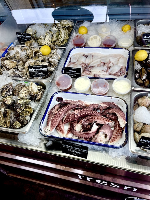 Octopus, squid, oysters and more for sale at the Original Farmers Market L.A.