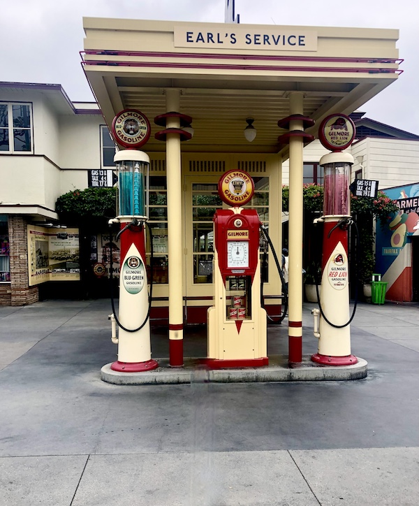 Ivory and red gas pumps from old oil company at the Original Farmers Market L.A.