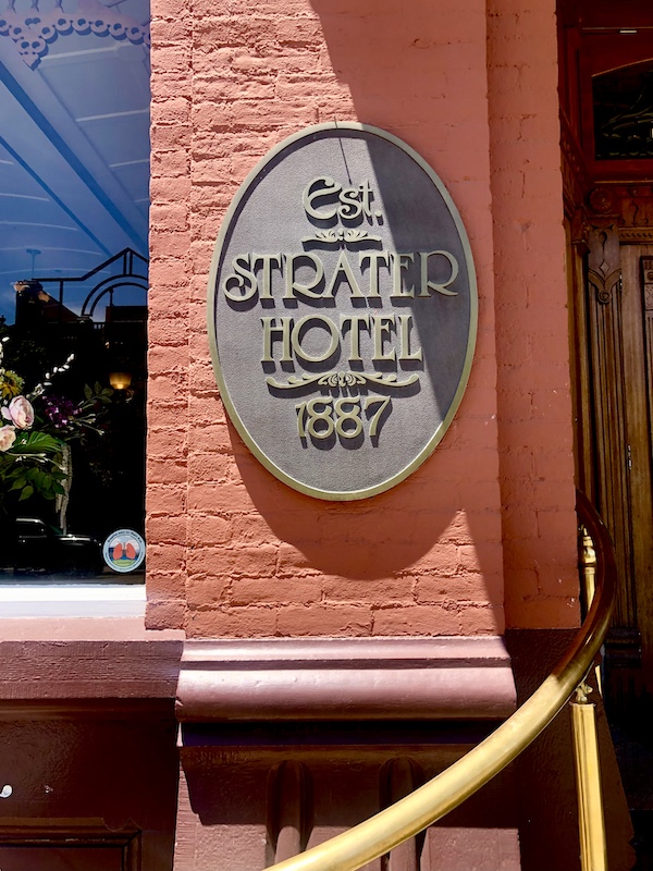 Strater Hotel Durango Colorado cornerstone noting the date hotel opened.