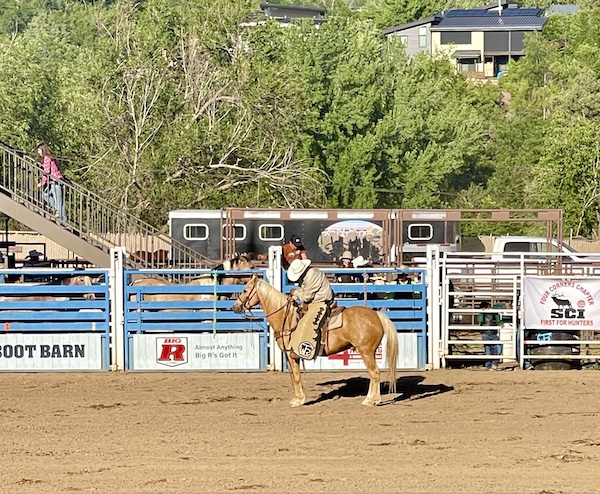 Cowboy with chaps and white cowboy hat atop a palomino horse. Cowboy's head is down as if he's sleeping