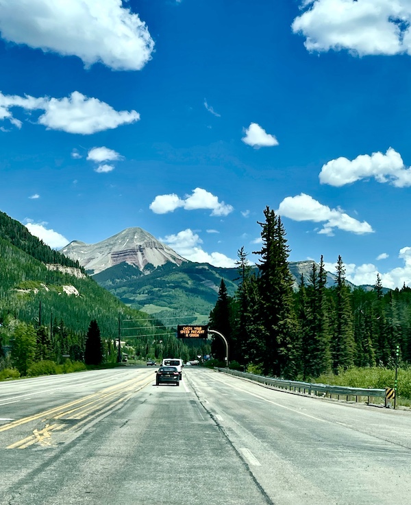 Scenic Drive to Silverton and Ouray with snow capped mountains and lots of trees